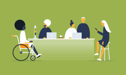 Illustration of a diverse mix of people at a desk or counter working.