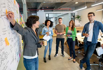 Team of coworkers discussing a project at a white board
