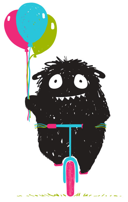 Illustration of a goofy monster on a bicycle holding balloons
