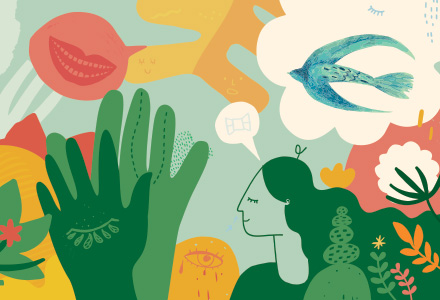 Illustration of a woman with thought bubbles and creative items surrounding her