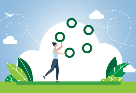 Illustration of a woman juggling rings representing project management and multitasking
