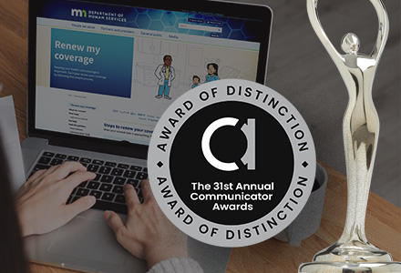 Photo of MN Healthcare Renewal website overlaid with badge for The 31st Annual Communicator Awards Award of Distinction
