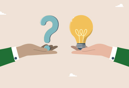 Illustration of two outstretched hands, one holding a question mark and one holding a lightbulb