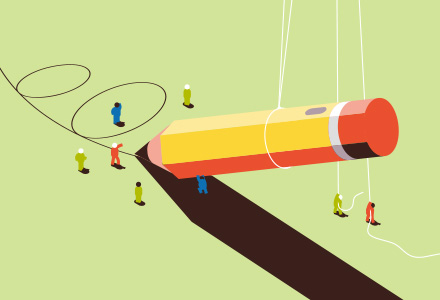 Illustration of a team working together to write with a giant pencil 