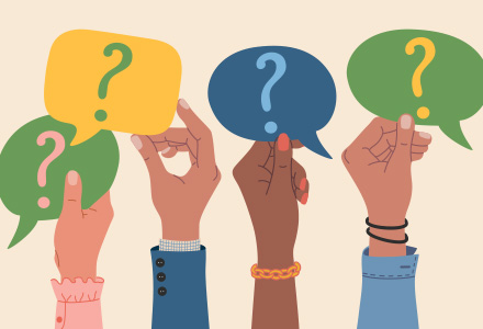 Illustration of hands holding up talk bubbles containing question marks