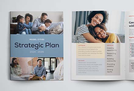 Cover and inside spread of Model Cities Strategic plan with headline: Great strides, with more to come.