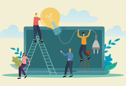 Illustration of people working on an oversized laptop with an oversized lightbulb
