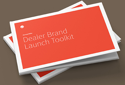Image of the cover of a book for Herman Miller. Title reads: "Dealer Brand Launch Toolkit" on a field of red.
