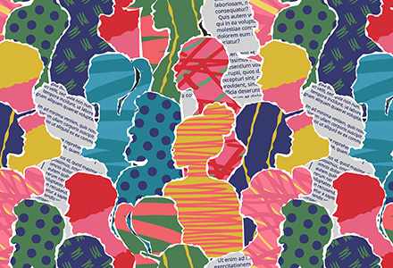 Collage of paper people with a variety of colors and patterns