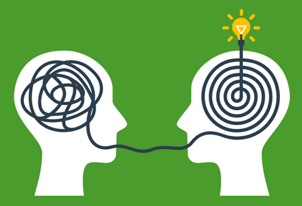 Illustration of two heads facing each other with squiggly lines in the left head and a neat spiral in the right on a green background