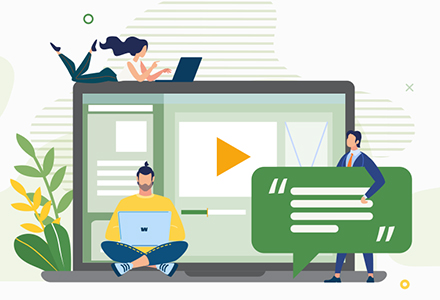 illustration of a laptop surrounded by people working together