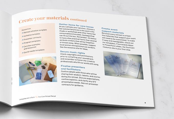 Interior spread of a Soul Care retreat manual