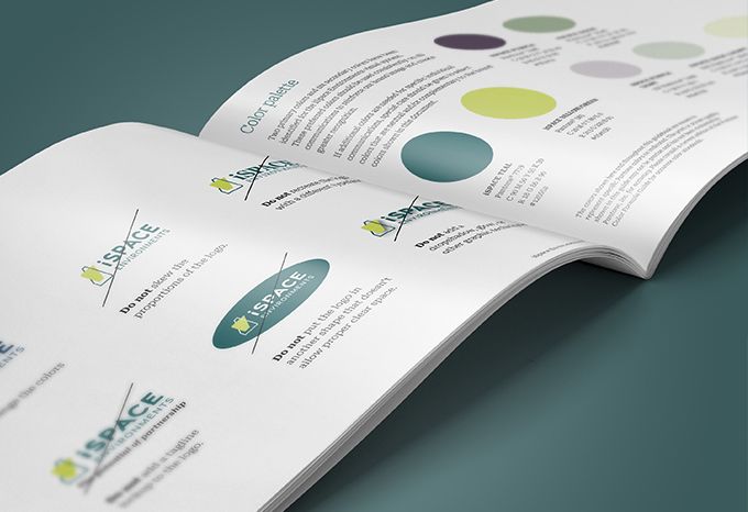 Spread from a brand guidelines document for iSpace Environments