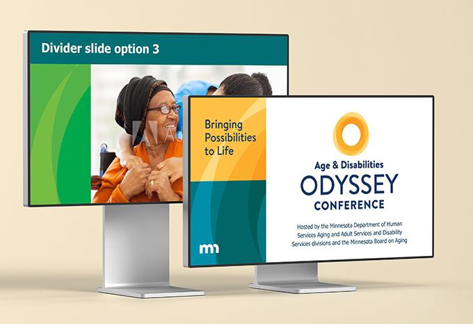 Two computer screens showing accessible PowerPoint templates for the Age & Disabilities Odyssey Conference for the Department of Human Services