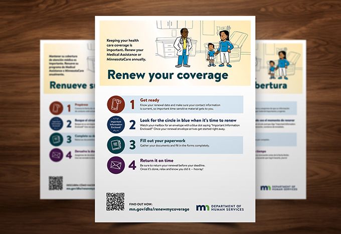 Flyers in English and Spanish for the Minnesota Department of Human Services Healthcare Renewal Campaign