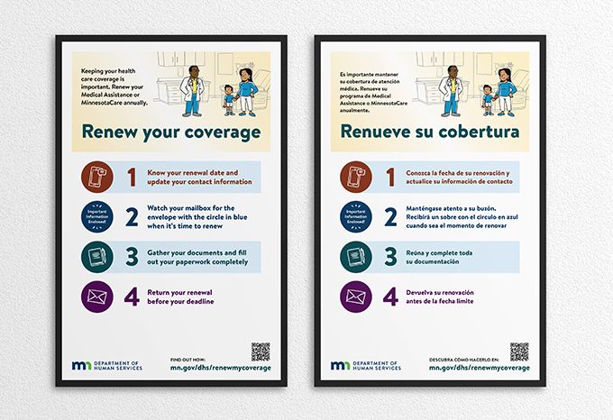 Posters in English and Spanish for Minnesota Department of Human Services Healthcare Renewal Campaign