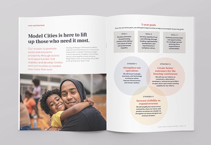 Inside spread of Model Cities Strategic plan with headline: Model Cities is here to lift up those who need it most.