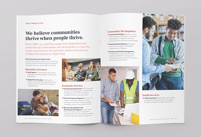 Inside spread of Model Cities Strategic plan with headline: We believe communities thrive when people thrive.
