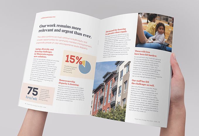 Inside spread of Model Cities Strategic plan with headline: Our work remains more relevant and urgent than ever.
