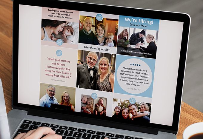 Instagram feed for Rauk Dentistry featuring various types of posts: client stories, job posts, offerings, etc.