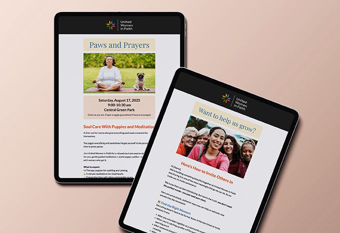 Two tablets with emails about events within United Women in Faith