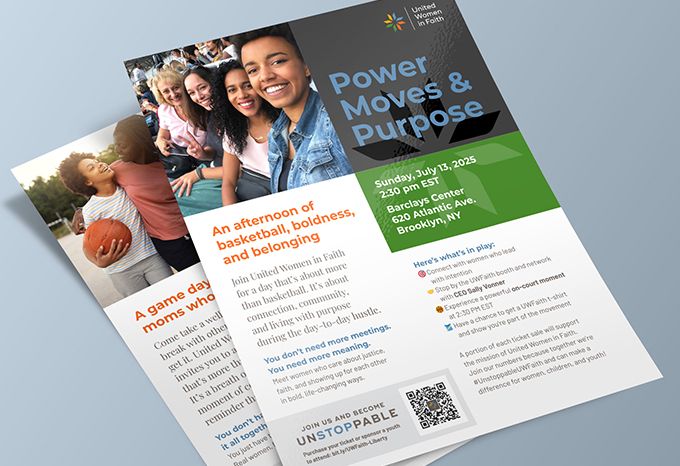 A stack of lfyers for a basketball event for women